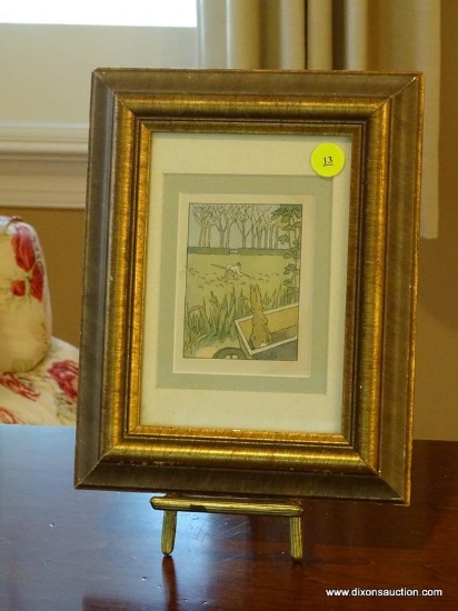 (LR) FRAMED PRINT; FRAMED AND DOUBLE MATTED PRINT OF A RABBIT IN A WHEELBARROW IN A GOLD FRAME- 8IN