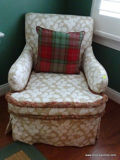 (SUNR) CHAIR; ONE OF A PR. OF FLORAL UPHOLSTERED CHAIRS WITH FRINGE EDGING- EXCELLENT CONDITION- 26