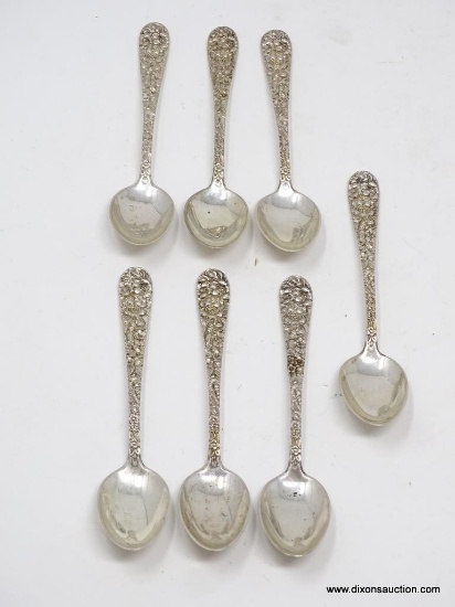 (7) STIEFF STERLING REPOUSSE SUGAR SPOONS; MEASURES APPROX. 4" LONG. WEIGHS APPROX. 3.19 TROY OZ.