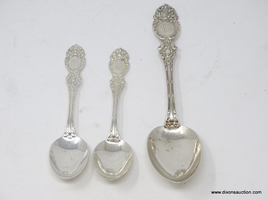 (3) STERLING RWZ EMBOSSED & MONOGRAMMED SPOONS; (1) SERVING SPOON 8-1/4" LONG & (2) SMALL SPOONS 6"