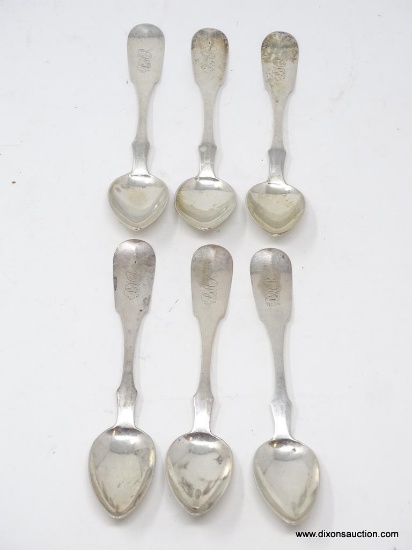 (6) BUTTER & MCCARTY FIDDLETHREAD PATTERN COIN SILVER SPOONS. THEY MEASURE 6" LONG. THE TOTAL WEIGHT