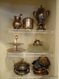 (KIT) LOT OF ASSORTED SILVERPLATE; 2 SHELF LOT TO INCLUDE A WATER PITCHER, AN ICE BUCKET, A