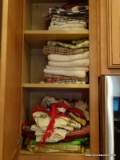 (KIT) CABINET LOT; LOT INCLUDES ASSORTED KITCHEN DISH TOWELS AND OVEN MITTS.