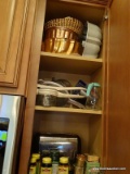 (KIT) CABINET LOT; LOT INCLUDES COPPER BUNDT PANS, FLOUR SIFTERS, AN EKCO 7 PIECE CAKE/PASTRY