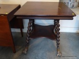 (GARAGE) ANTIQUE CENTER TABLE; ANTIQUE CHERRY CENTER TABLE WITH BARLEY TWIST LEGS AND BRASS AND