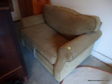 (GARAGE) LOVESEAT; GOLD UPHOLSTERY LOVESEAT SLEEPER SOFA- SHOWS WEAR- 54 IN X 36 IN X 36 IN