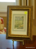 (LR) FRAMED PRINT; FRAMED AND DOUBLE MATTED PRINT OF A RABBIT IN A WHEELBARROW IN A GOLD FRAME- 8IN