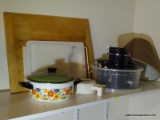 (GARAGE) SHELF LOT; LOT INCLUDES- OGGI 5 PC. STONEWARE CANISTER SET, DUTCH PAINTED ENAMEL STEW POT,