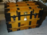 (GARAGE) ANTIQUE TRUNK; ANTIQUE PINE SQUARE TOP TRUNK- REFINISHED AND INTERIOR IS FELT LINED- 32 IN