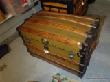 (GARAGE) ANTIQUE TRUNK; ANTIQUE PINE DOME TOP TRUNK WITH ORIGINAL CANVAS COVER AND OAK WOODEN SLATS,