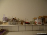 (GARAGE) SHELF LOT- MICELL. SHELF LOT TO INCLUDE- SNAP TOP CANNING JARS, LION WIRE SCULPTURE, SILVER