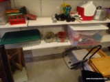 (GARAGE) SHELF LOT; LOT INCLUDES ASSORTED HOLIDAY DECORATIONS AND WRAPPING PAPER.