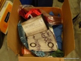 (GARAGE) BOX LOT OF LINENS; LOT INCLUDES ASSORTED CURTAINS REUSABLE METALLIC BAG, AND BRAND NEW