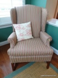 (SUNR) WING CHAIR; CHERRY HEPPLEWHITE WING CHAIR WITH STRIPED UPHOLSTERY, EXCELLENT CONDITION- 33