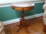 (SUNR) TABLE; MAHOGANY DUNCAN PHYFE STYLE DRUM TABLE ON PEDESTAL BASE, HAS BRASS CLAW FEET, 1