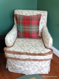 (SUNR) CHAIR; ONE OF A PR. OF FLORAL UPHOLSTERED CHAIRS WITH FRINGE EDGING- EXCELLENT CONDITION- 26