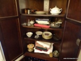 (DR) UPPER PORTION OF CORNER CABINET; LOT INCLUDES ASSORTED TABLE LINENS, COASTERS, 8 ESCHENBACH