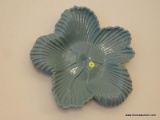 (DR) FLORAL WALL DECOR; TEAL GREEN POTTERY HIBISCUS FLOWER. MARKED 