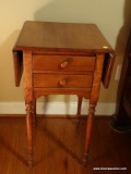 (MBD) VINTAGE TABLE; CHERRY SHERATON STYLE 2 DRAWER DROPSIDE WORK TABLE- DRAWERS ARE DOVETAILED WITH