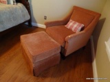 (MBD) CHAIR AND OTTOMAN- RED AND BEIGE UPHOLSTERED CHAIR AND OTTOMAN- VERY GOOD CONDITION- 31 IN X