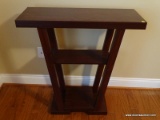 (MBD) CONSOLE; MAHOGANY CONSOLE WITH 2 SHELVES- 32 IN X 11 IN X 34 IN- EXCELLENT CONDITION AND READY