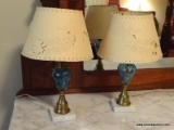 (MBD) PR. OF LAMPS; PR. OF ANTIQUE BLUE GLASS AND BRASS AND MARBLE BASE WITH PAPER CUT OUT SHADES-
