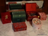 (MBD) FABRIC JEWELRY BOXES AND COSTUME JEWELRY; 6 ASSORTED SIZED FABRIC JEWELRY BOXES.THE TWO RED