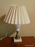 (MBD) VINTAGE LAMP; VINTAGE MILK GLASS, BRASS AND MARBLE LAMP WITH RUFFLED SHADE- 17 IN
