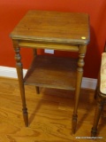 (BED1) VINTAGE TABLE; VINTAGE WALNUT STAINED TABLE WITH LOWER SHELF- - REFINISHED AND READY FOR THE