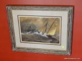 (BED1) ANTIQUE FRAMED WATERCOLOR; ANTIQUE FRAMED AND DOUBLE MATTED WATERCOLOR OF SAILBOAT IN STORM-