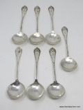 (7) STERLING EMBOSSED & MONOGRAMMED CREAM SOUP SPOONS; MARKED 925/1000. MEASURES 6-3/4