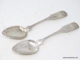 PR. OF BELLOWS COIN SILVER SERVING SPOONS; FLOWER BASKET EMBOSSED & MONOGRAMMED. MEASURES APPROX.