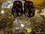 (KIT) SET OF RUBY GLASS CORDIALS; SET OF 4 RUBY CUT TO THE CLEAR GRAPE CLUSTER CORDIAL GLASSES. EACH