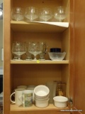 (KIT) CABINET LOT; LOT INCLUDES 10 ETCHED GLASS SHRIMP COCKTAIL GLASSES WITH INSERTS, 6 IRISH COFFEE