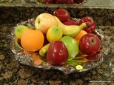 (KIT) SILVERPLATE FRUIT BOWL; LARGE SILVERPLATE FRUIT BOWL AND FAUX FRUIT. MEASURES 3 IN X 16 IN