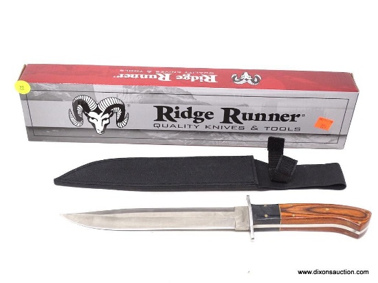 RIDGE RUNNER KNIFE; RIDGE RUNNER STAINLESS STEEL BOWIE KNIFE WITH BLACK NYLON SHEATH. COMES IN BOX.