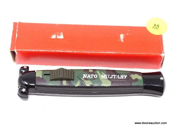NATO MILITARY SWITCHBLADE; NATO MILITARY CAMOUFLAGE STAINLESS STEEL SWITCHBLADE, PUSH BUTTON TO