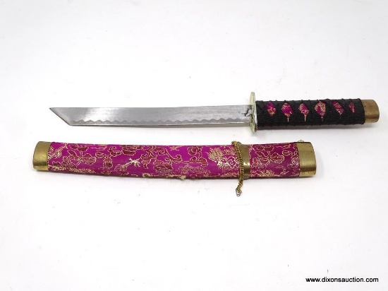 SHORT JAPANESE KATANA; SHORT SAMURAI SWORD WITH A WOODEN SHEATH ENVELOPED BY A PINK CLOTH WITH