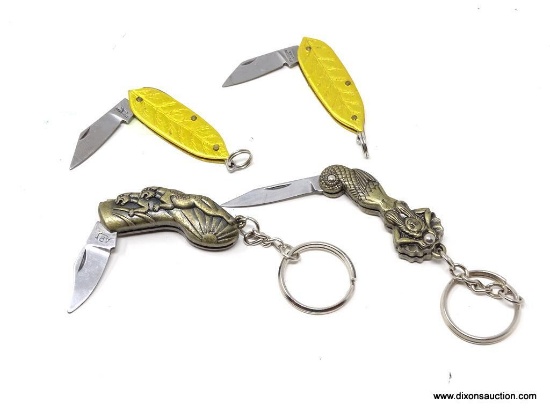 LOT OF KEY CHAIN KNIVES; 4 PIECE LOT OF DECORATIVE KEY CHAIN KNIVES TO INCLUDE 2 GOLD TONE LEAF