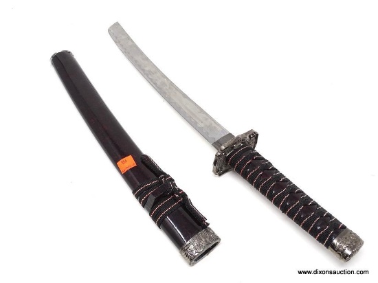 SHORT JAPANESE KATANA; SHORT SAMURAI SWORD WITH A DARK RED WOODEN SHEATH AND METAL CAPS WITH DRAGON