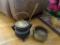 (LR) LOT OF FIRE STARTER CAULDRON AND PUMICE WAND; 2 PIECE LOT TO INCLUDE 1 ANTIQUE VERY HEAVY AND