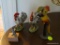 (LR) LOT OF CHICKEN FIGURINES AND A PARROT; 4 PIECE LOT OF 2 PORCELAIN CHICKENS, A METAL CHICKEN ON