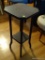 (LR) DARK WOOD SIDE TABLE; WOOD GRAIN SIDE TABLE WITH 4 SQUARE LEGS LEADING TO A LOWER SHELF THAT