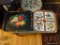 (DR) LOT OF VINTAGE TIN TRAYS; 2 PIECE LOT OF VINTAGE DECORATIVE TRAYS TO INCLUDE A 4 PANELED RED