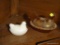 (DR) LOT OF GLASS CHICKEN BOWLS; 2 PIECE LOT OF GLASS CHICKEN BOWLS, BOWELS HAVE A CHICKEN LID AND A