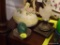 (DR) LOT OF DECORATIVE ITEMS; LOT INCLUDES A WHITE MARBLE BIRD ON A METAL STAND, A SMALL GREEN