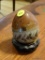 (DR) STONEWARE EGG AND STAND; HAND PAINTED STONEWARE POTTERY EGG WITH LEAF PATTERN. MADE BY FRED &