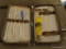 (OFC) TRAVEL TOOL KIT; BROWN LEATHER ZIPPERED CASE CONTAINING A SMALL METAL HAMMER, A YELLOW HANDLE