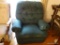 (OFC) RECLINER; EMERALD GREEN RECLINER WITH BUTTON TUFTED BACK AND RED ARMS. MEASURES 3 FT 4 IN X 2