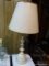 (DNRM) WOODEN TABLE LAMP; CREAM COLORED TABLE LAMP WITH A TAPER CANDLE HOLDER STYLE SHAFT SITTING ON